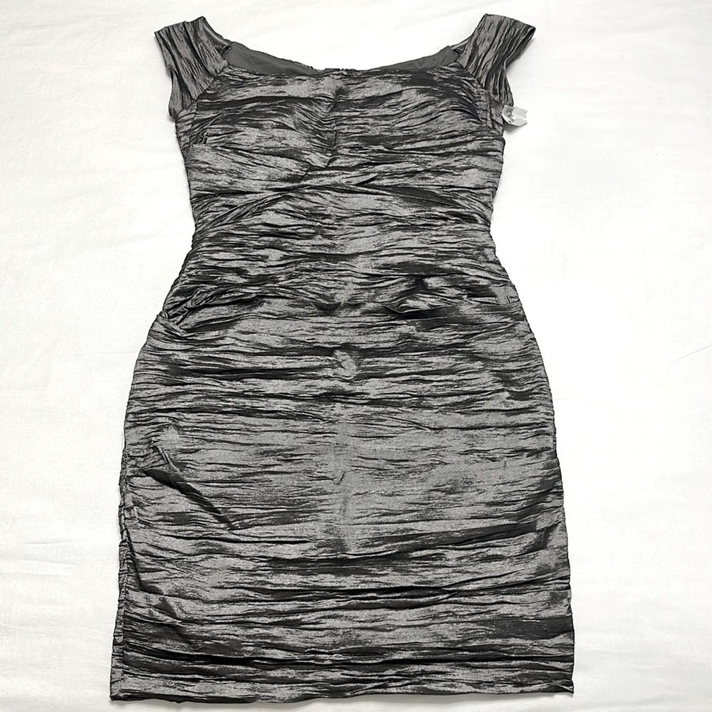 Jeanne Alexander Metallic Silver Gray Ruched/ Crinkle Off Shoulder Midi Dress/12